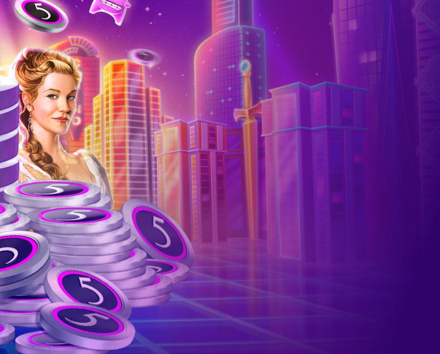 High 5 Casino characters and coins in a neon city